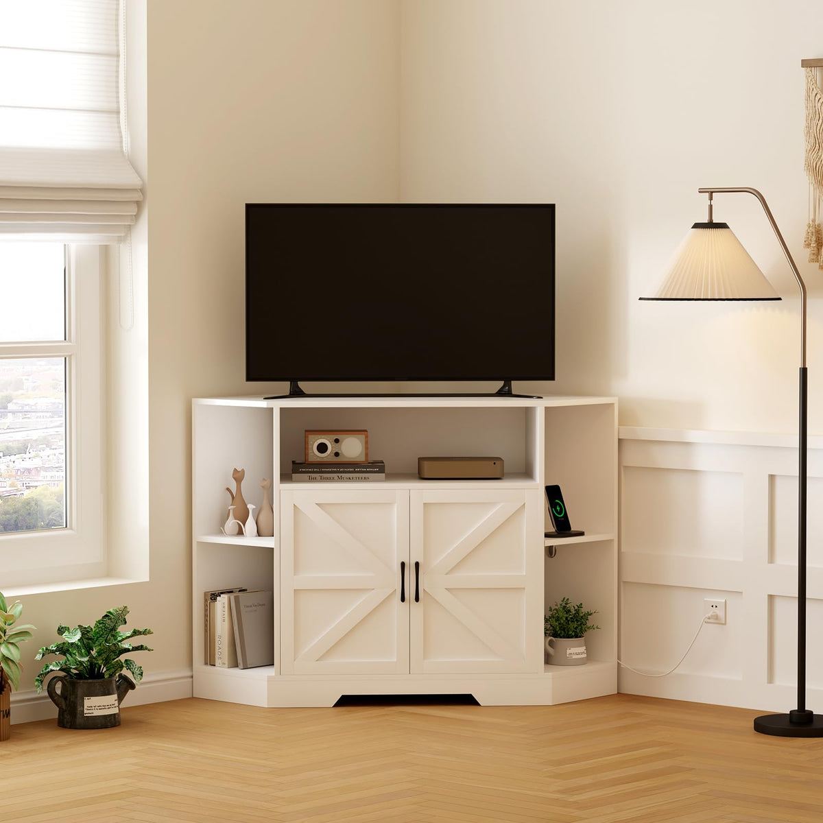 Corner TV Stand with Power Outlet & Barn Doors H26981