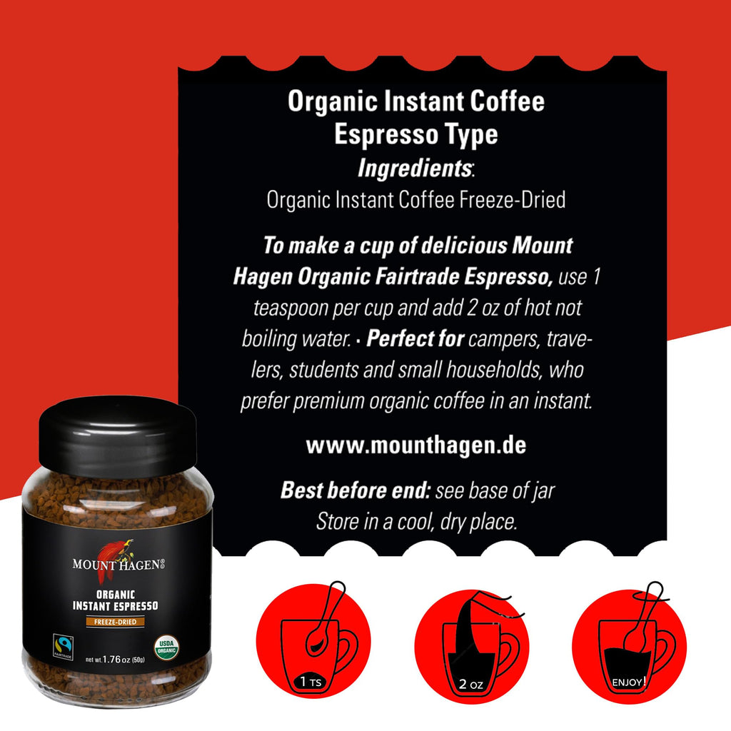 Instant Espresso Coffee, Organic Medium Roast Arabica, 1.76oz Jar F47488