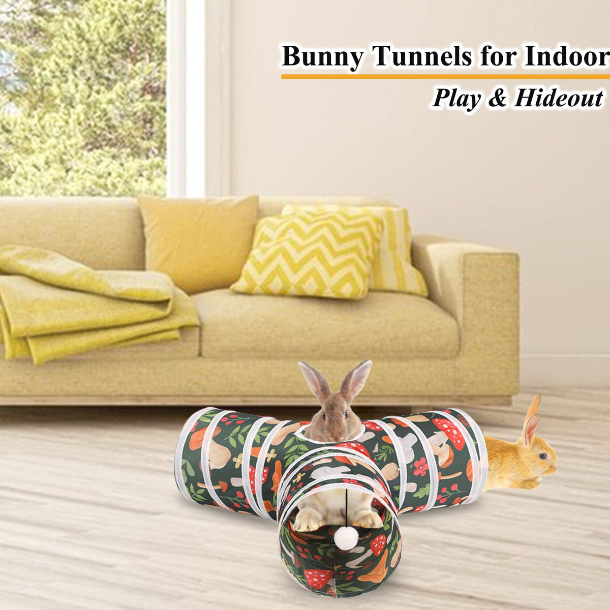Collapsible 3 Way Rabbit Tunnel with Chew Toy M1908