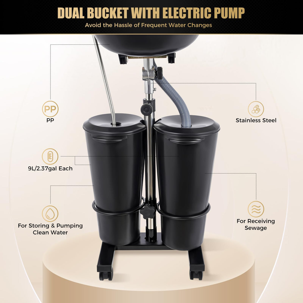 Portable Shampoo Bowl Electric Pump 2 Buckets Height Adjustable H88010