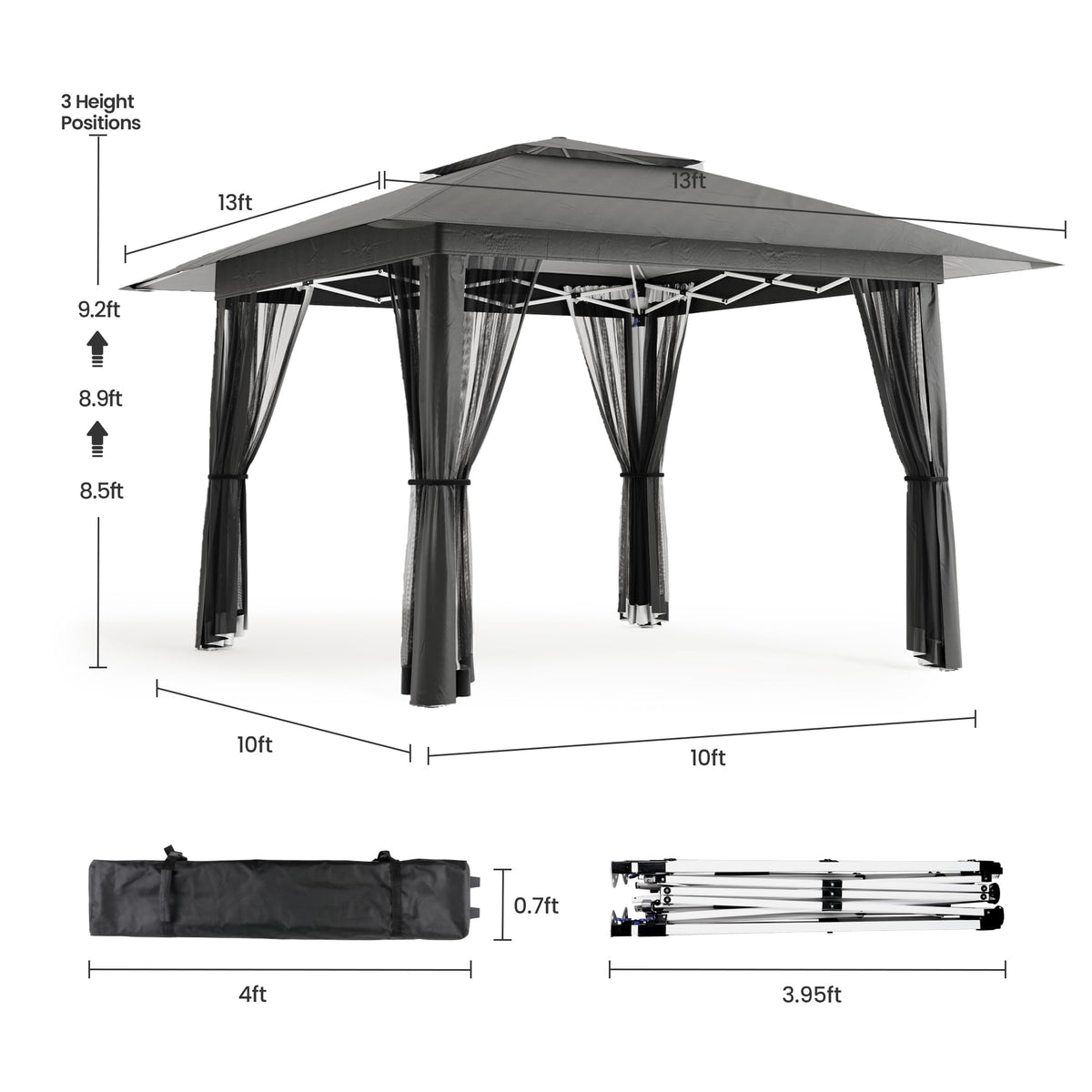 13x13 Pop Up Gazebo Tent with Mosquito Netting Grey D951
