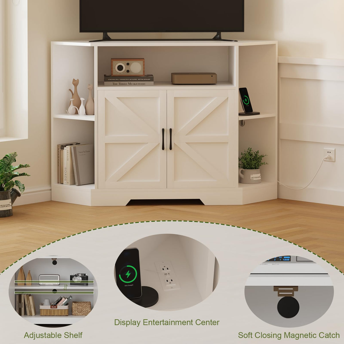 Corner TV Stand with Power Outlet & Barn Doors H26981