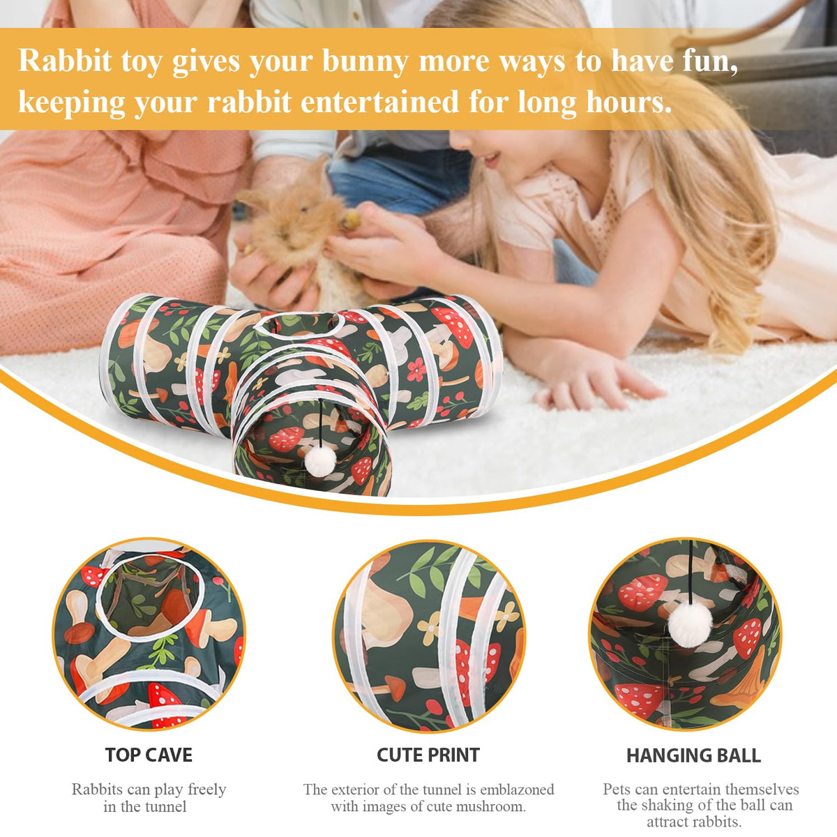 Collapsible 3 Way Rabbit Tunnel with Chew Toy M1908