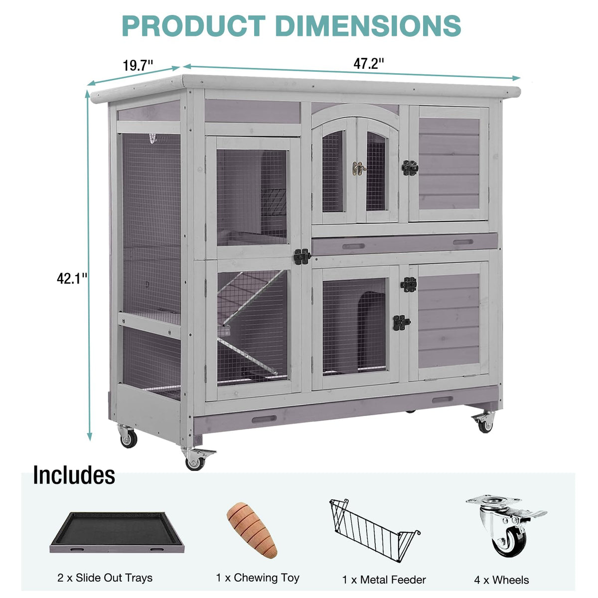 2-Tier Wooden Small Animal Cage with Trays, Wheels & Ramp L46675