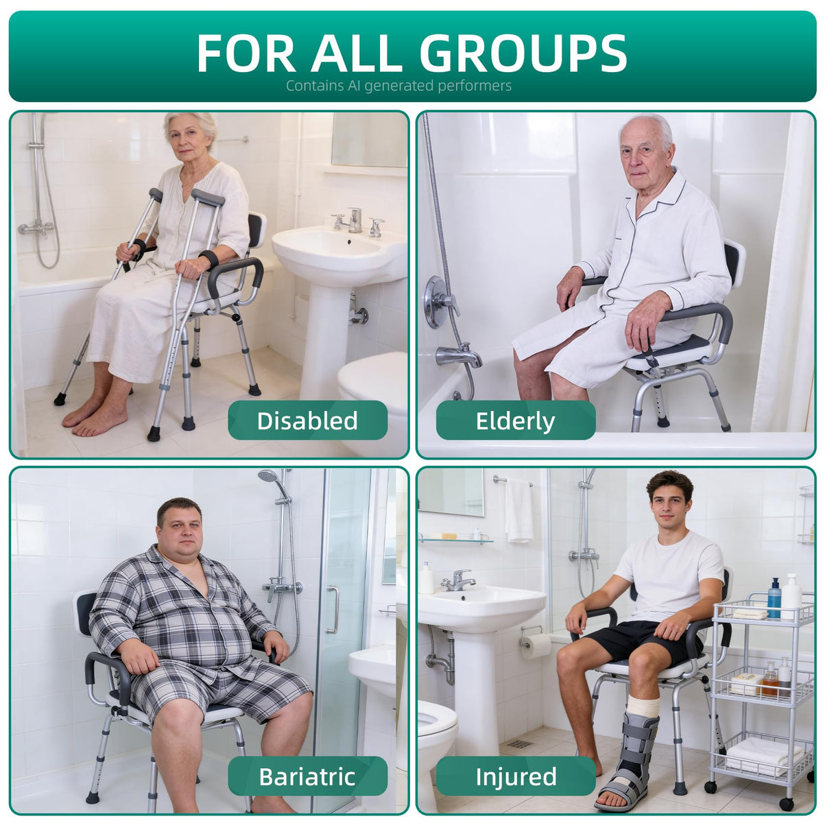 Swivel Shower Chair with Arms & Back, Heavy Duty Non-Slip Rotating Shower Bench Seat V770