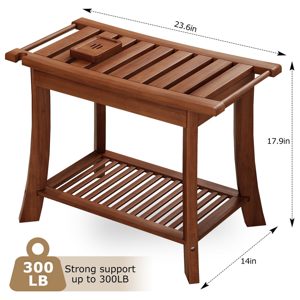 23.6 Inch Teak Shower Bench with Storage Shelf V5245