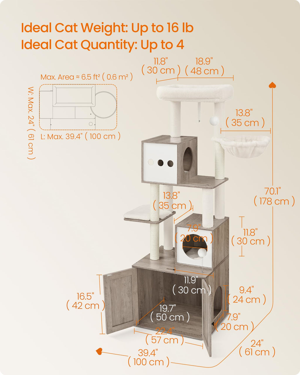 70.1-Inch Tall Cat Tree with Litter Box Enclosure Y64723