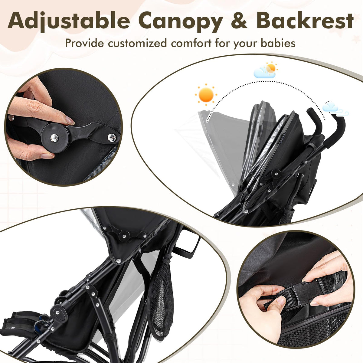 Lightweight Double Umbrella Stroller with Cup Holder and Adjustable Canopy J976