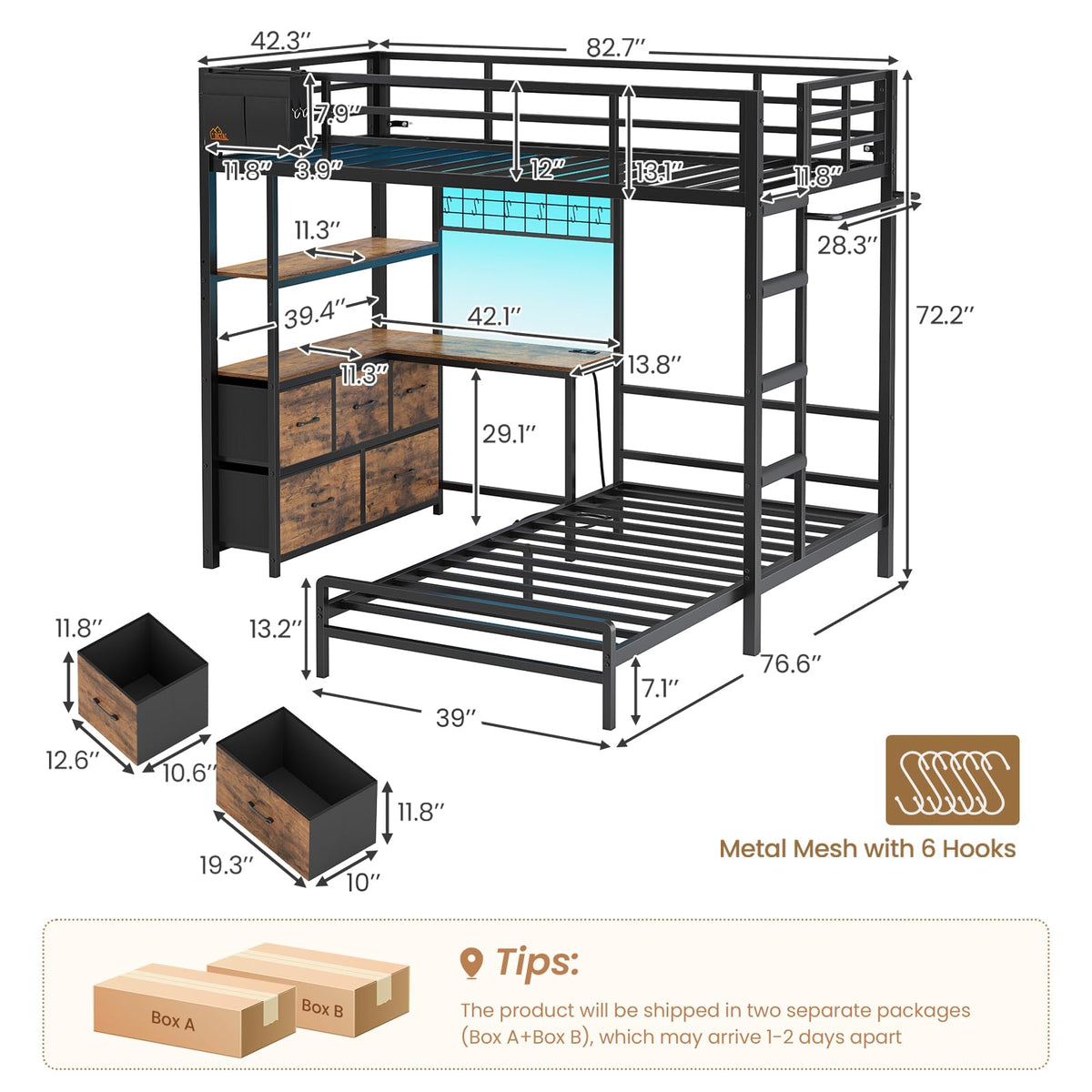 Twin XL Over Twin Bunk Bed with Desk and 5 Storage Drawers J64863