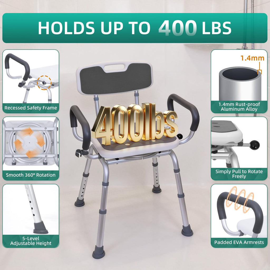 Swivel Shower Chair with Arms & Back, Heavy Duty Non-Slip Rotating Shower Bench Seat V770