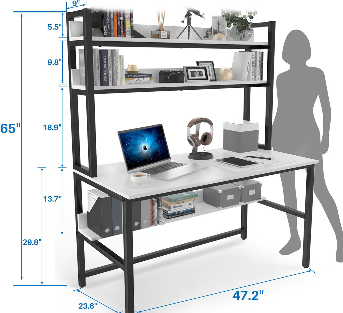 White Computer Desk with Hutch and Shelves L227