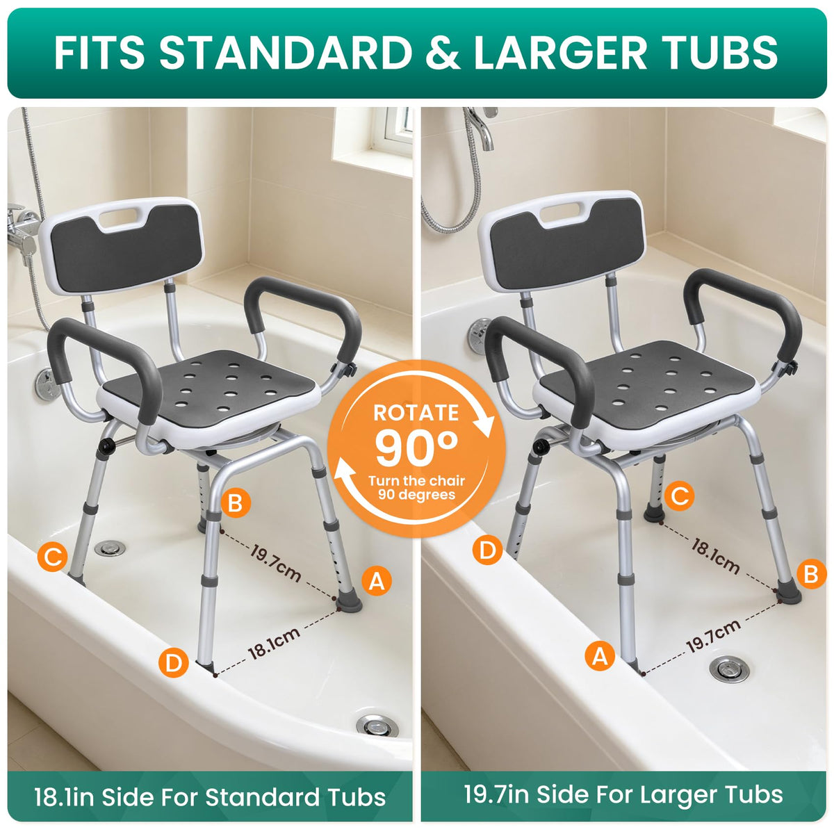 Swivel Shower Chair with Arms & Back, Heavy Duty Non-Slip Rotating Shower Bench Seat V770