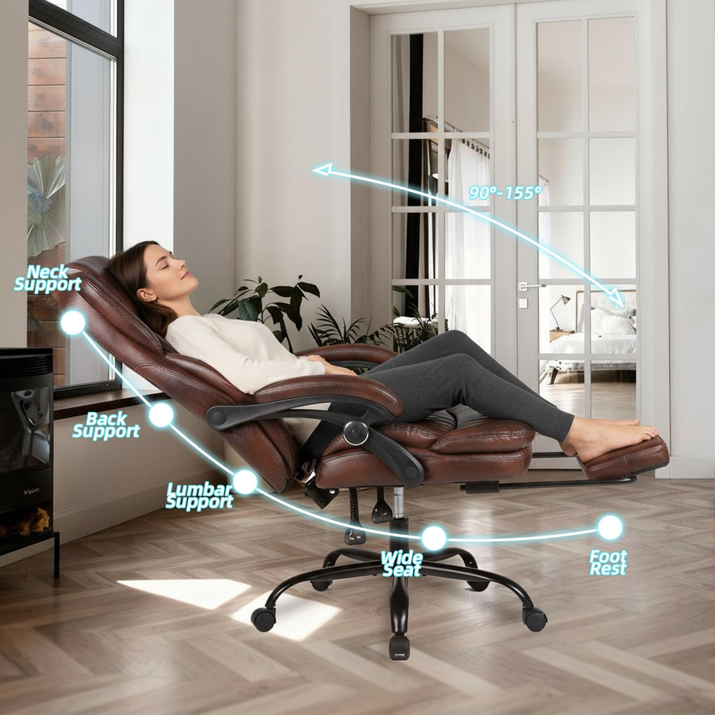 Big and Tall Brown PU Leather Reclining Office Chair with Foot Rest M115408