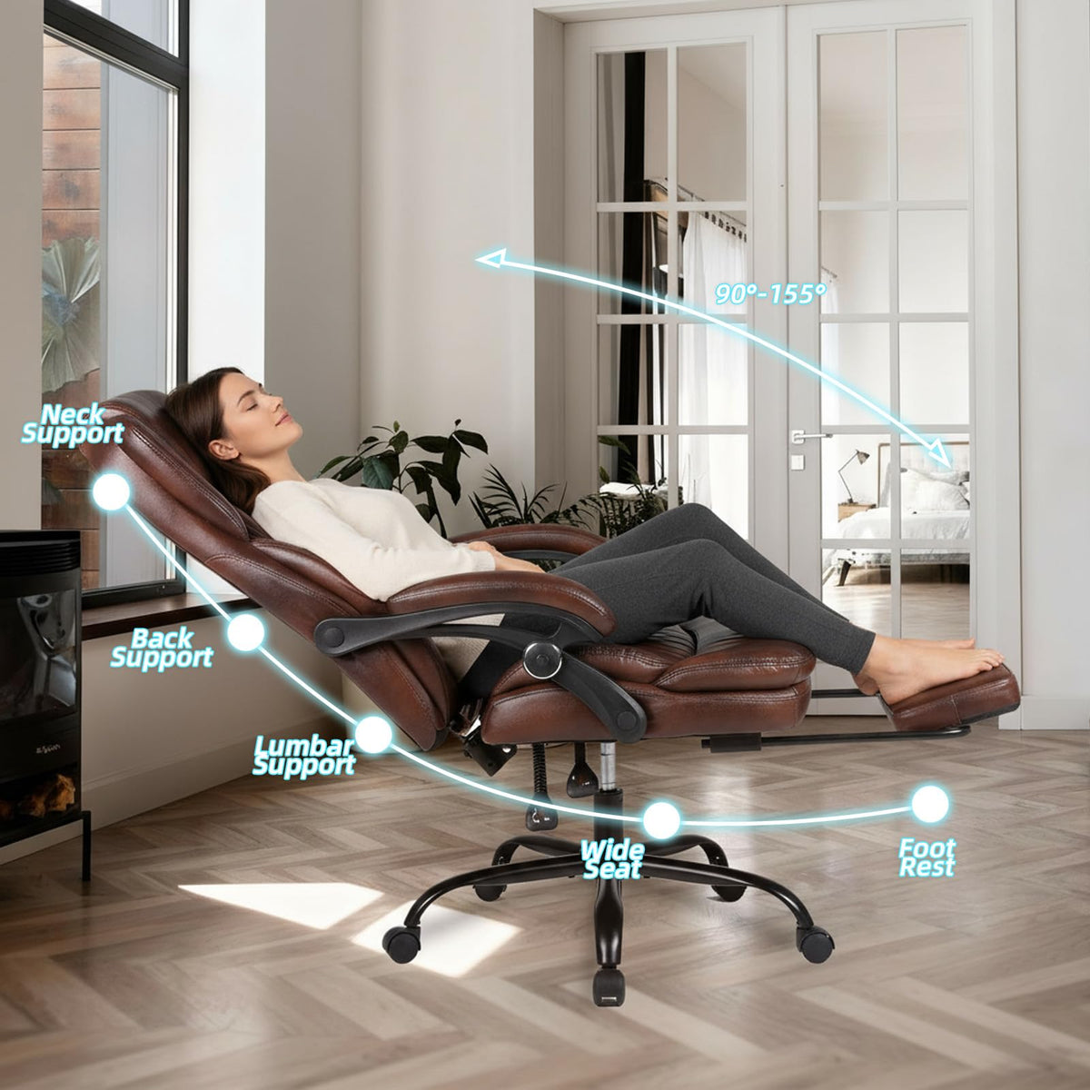 Big and Tall Brown PU Leather Reclining Office Chair with Foot Rest M115408