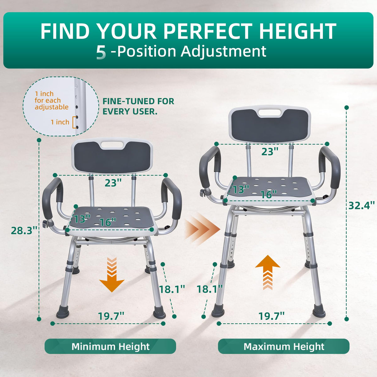 Swivel Shower Chair with Arms & Back, Heavy Duty Non-Slip Rotating Shower Bench Seat V770