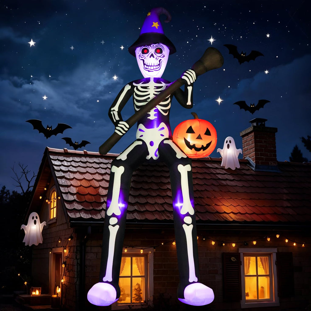 12 FT Halloween Inflatable Skeleton Wizard with Broom & Pumpkin K231893
