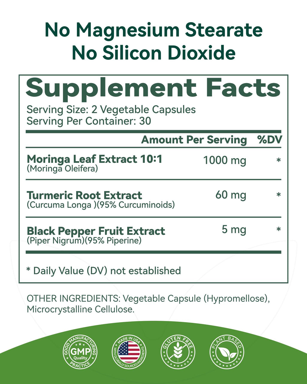 Moringa Capsules 1000mg 10:1 Moringa Leaf Extract 60 Count F5932