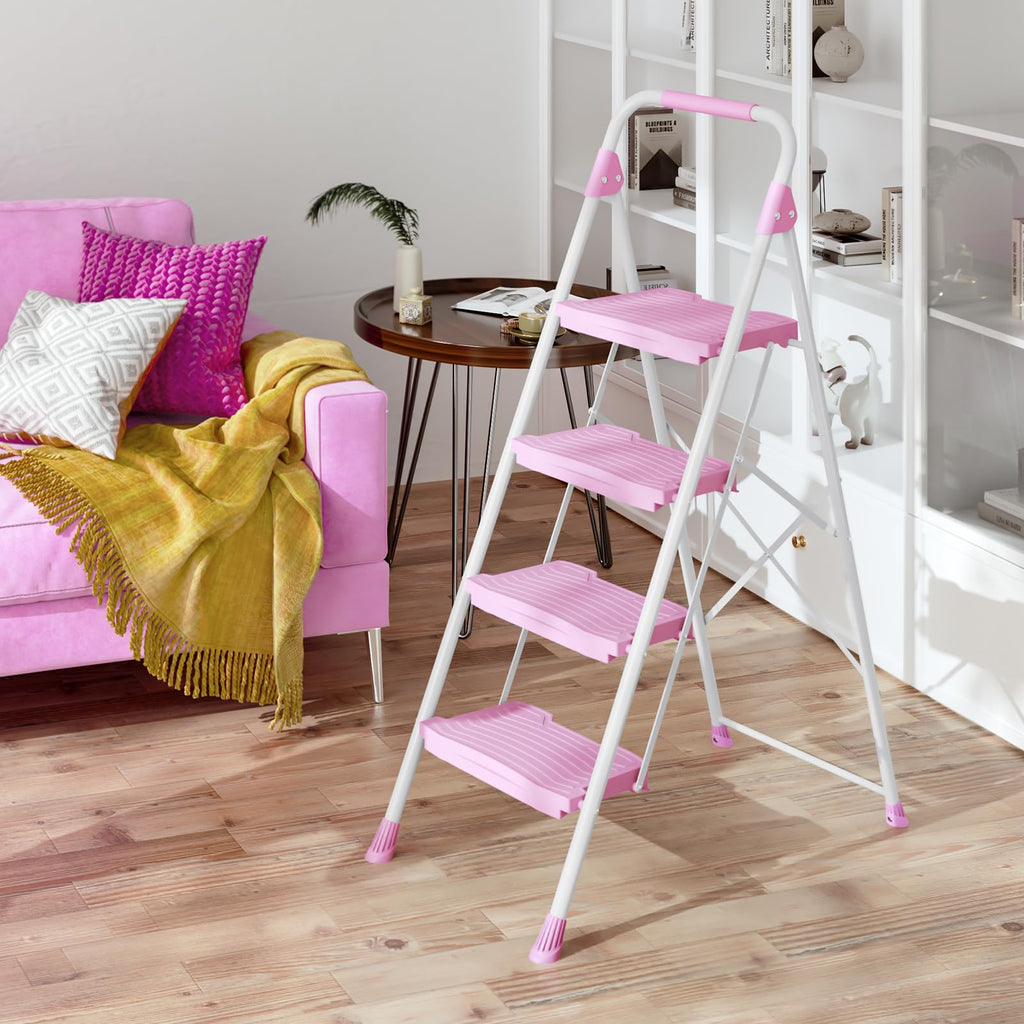 4 Step Pink Foldable Step Stool with Handrail P113869