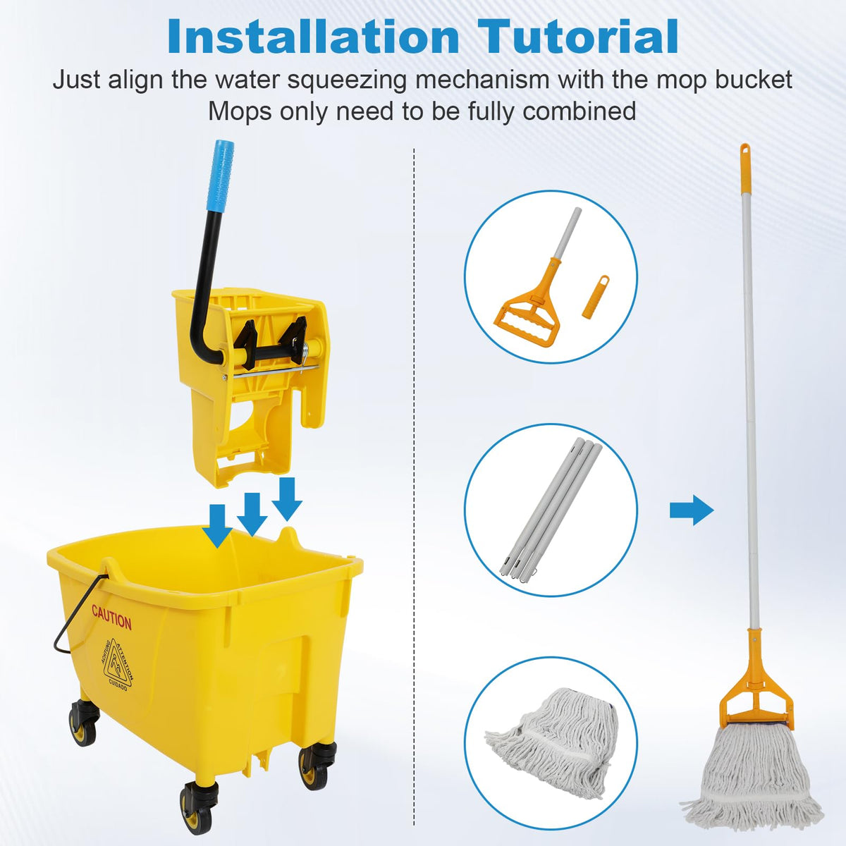 35 Qt Yellow Mop Bucket with Wringer on Wheels and Mops Set Y5154