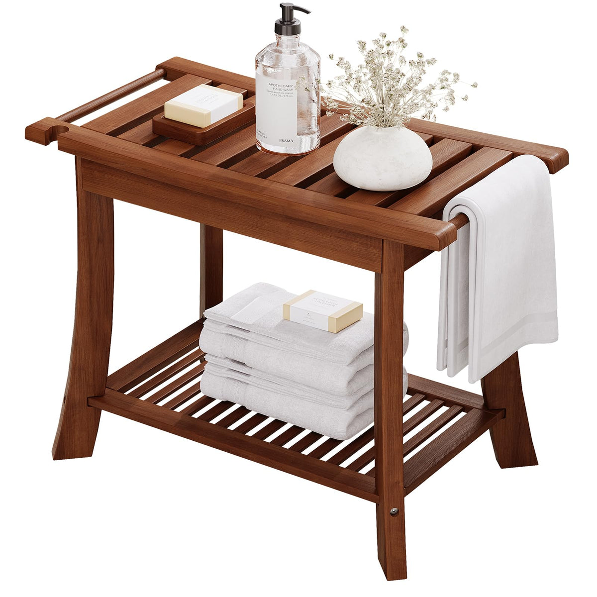 23.6 Inch Teak Shower Bench with Storage Shelf V5245
