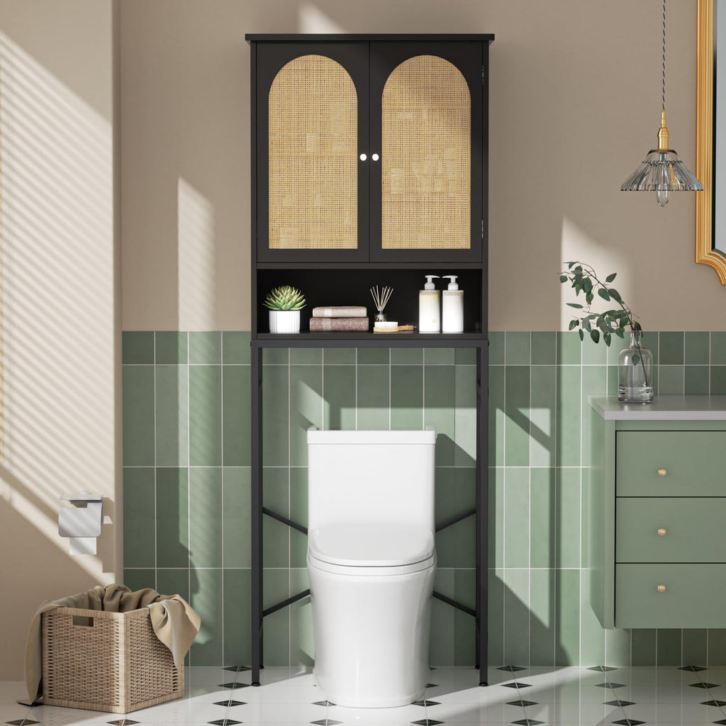 Rattan Wood Toilet Storage Cabinet with Metal Stand D627