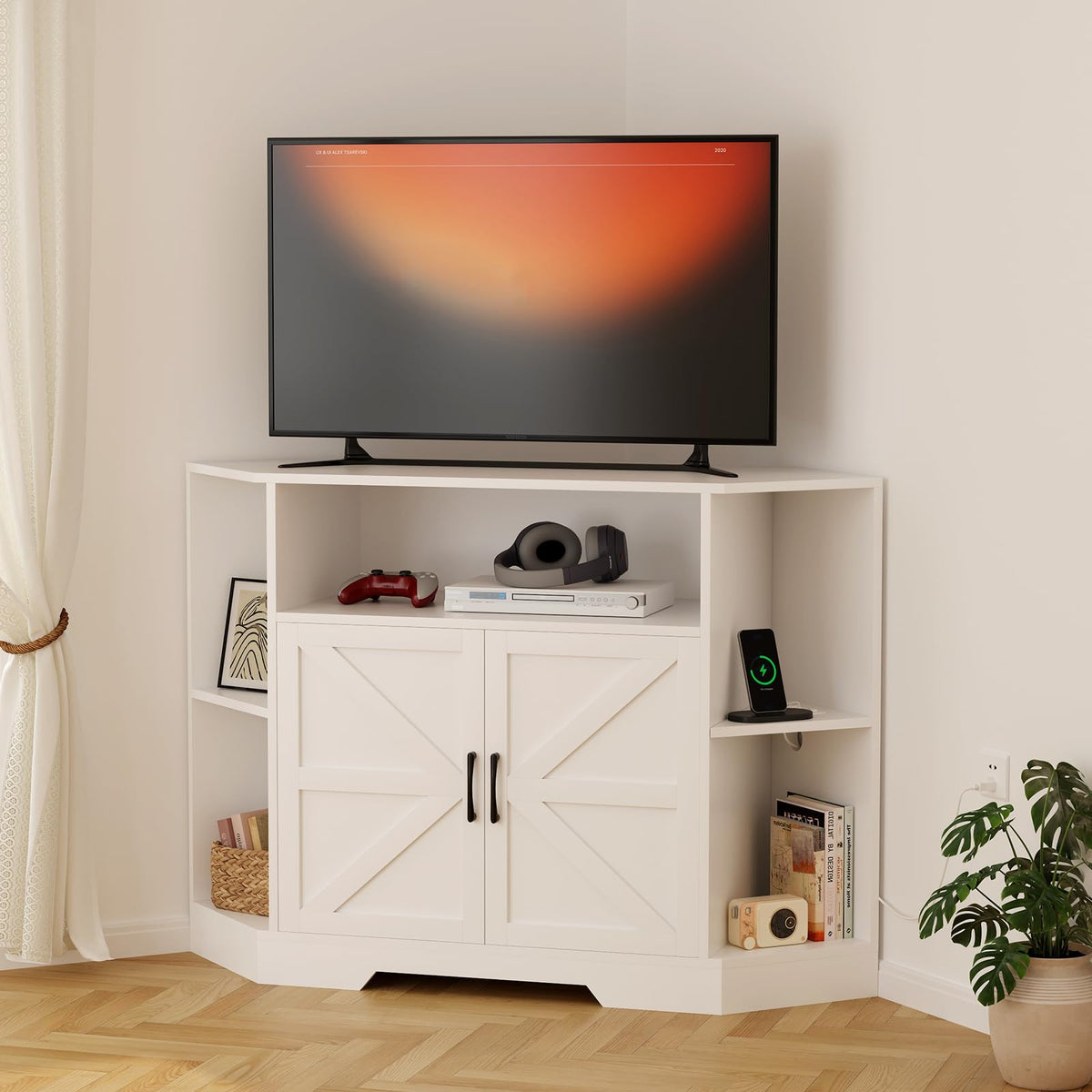 Corner TV Stand with Power Outlet & Barn Doors H26981