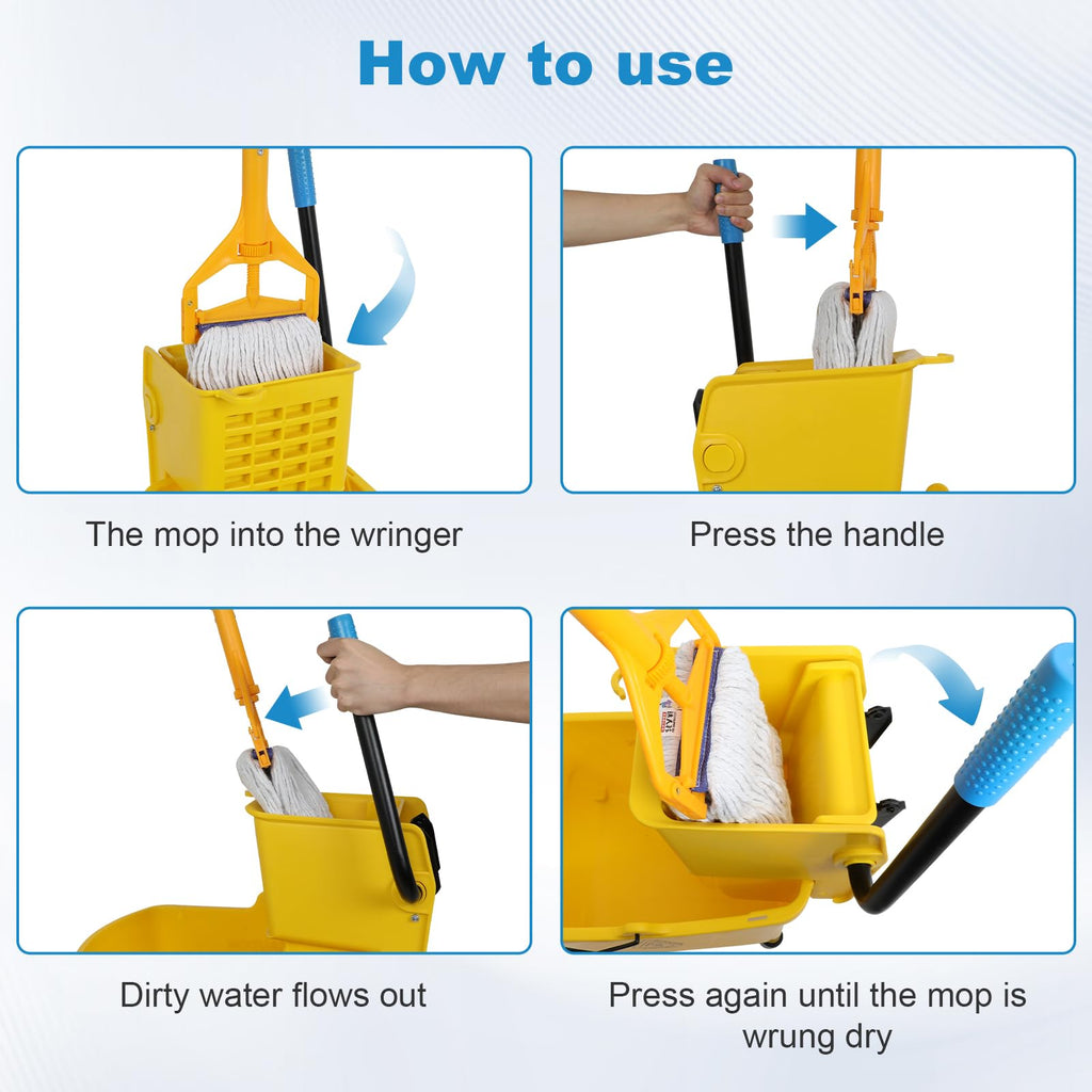 35 Qt Yellow Mop Bucket with Wringer on Wheels and Mops Set Y5154