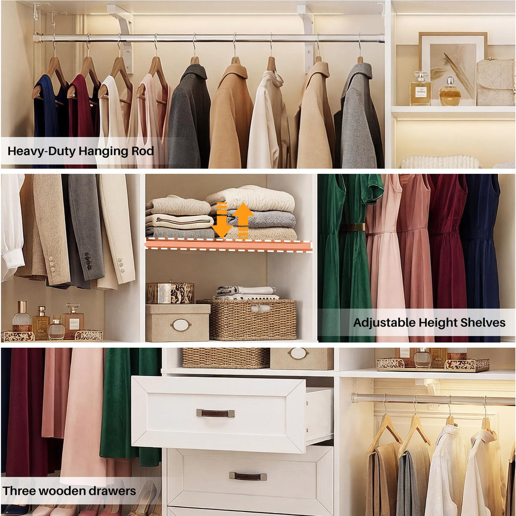 8FT White Wooden Closet System with 3 Drawers and 3 Hanging Rods I7596