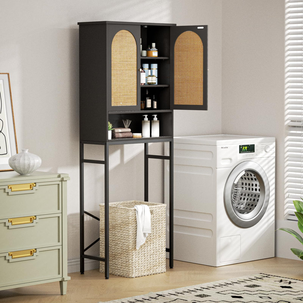 Rattan Wood Toilet Storage Cabinet with Metal Stand D627