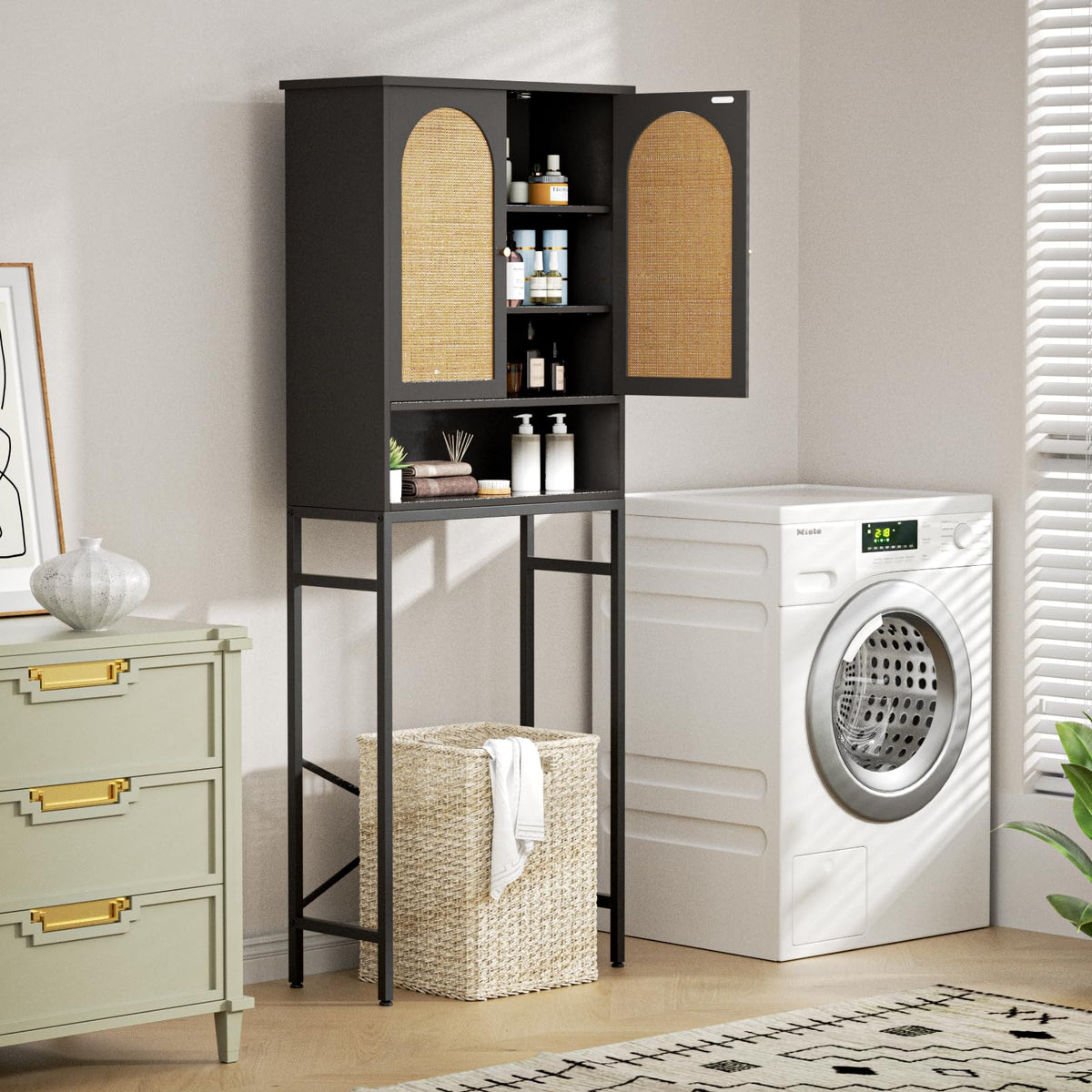 Rattan Wood Toilet Storage Cabinet with Metal Stand D627