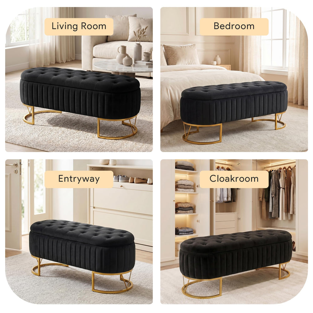 Black Velvet Upholstered Storage Bench S481134