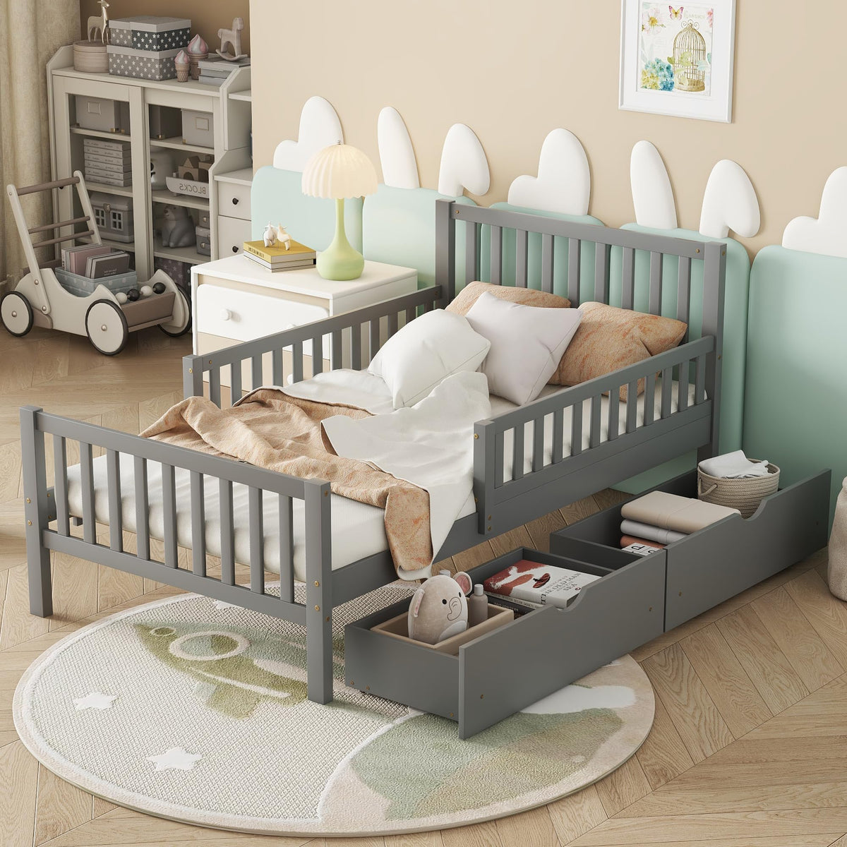 Gray Twin Size Wood Bed Frame with Storage Drawers X950112