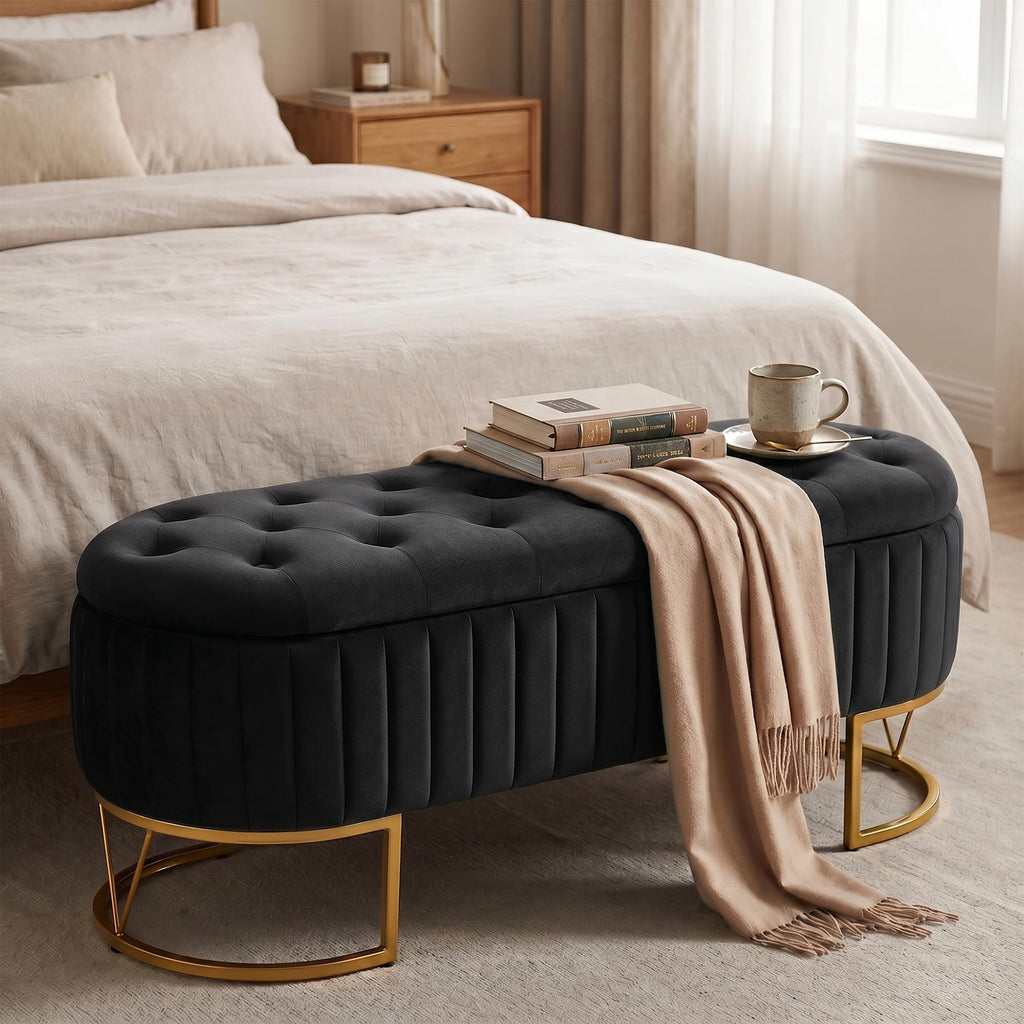 Black Velvet Upholstered Storage Bench S481134