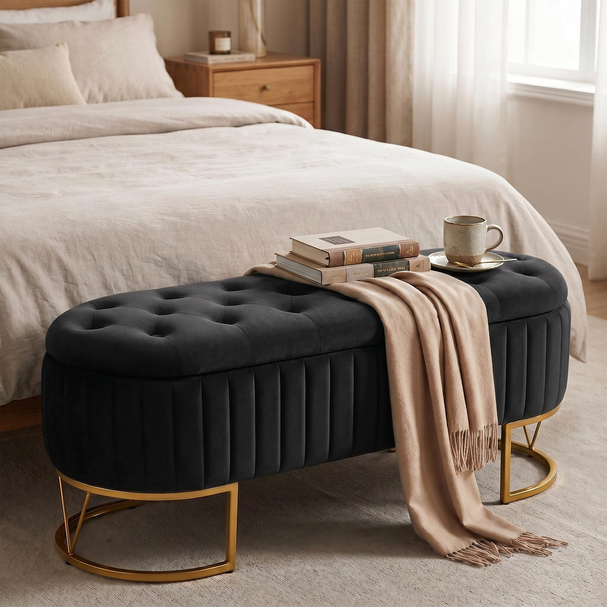 Black Velvet Upholstered Storage Bench S481134