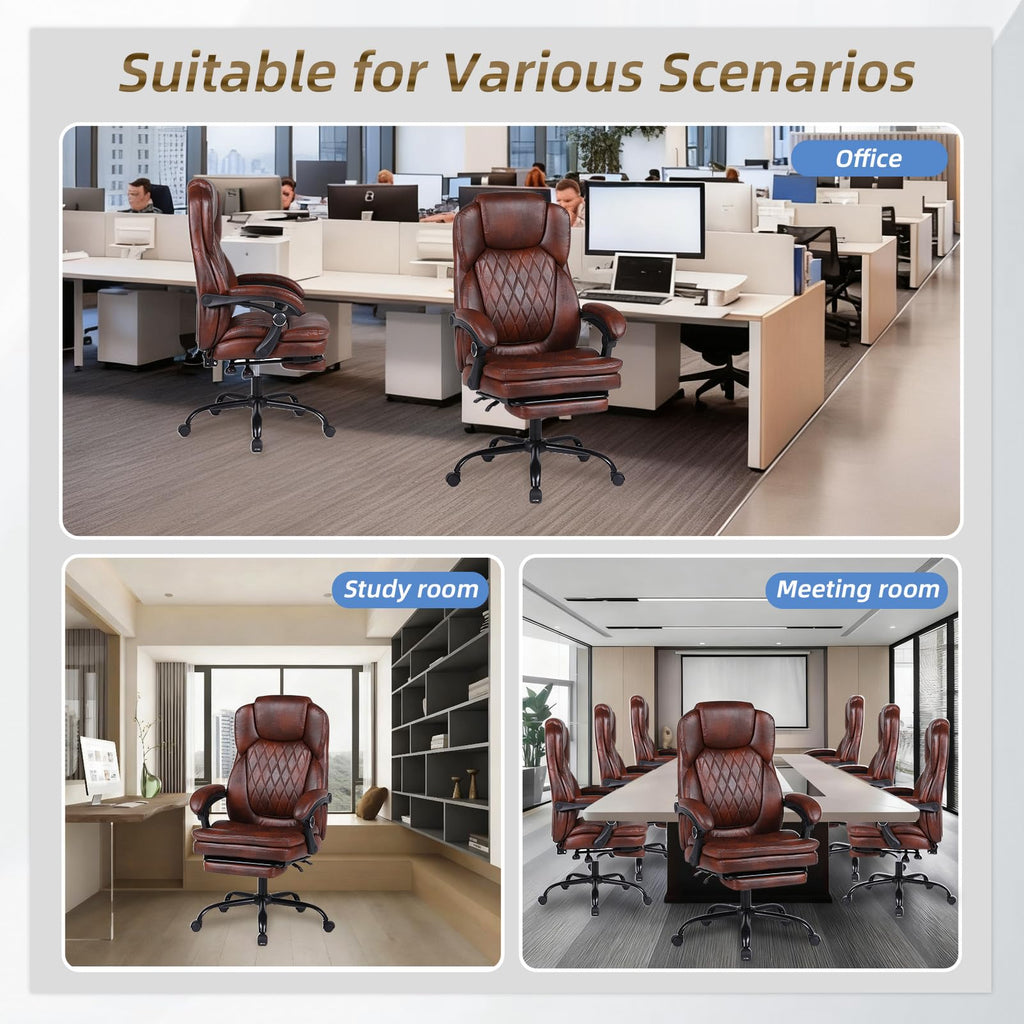 Big and Tall Brown PU Leather Reclining Office Chair with Foot Rest M115408
