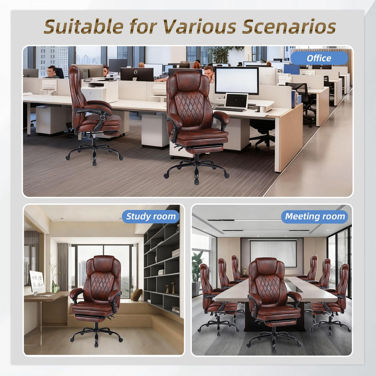 Big and Tall Brown PU Leather Reclining Office Chair with Foot Rest M115408