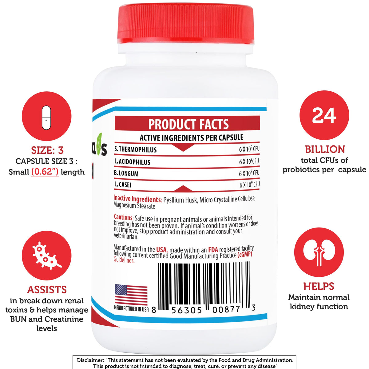 Kidney Probiotic Supplement for Dogs Cats 24 Billion CFU 120 Caps S64967