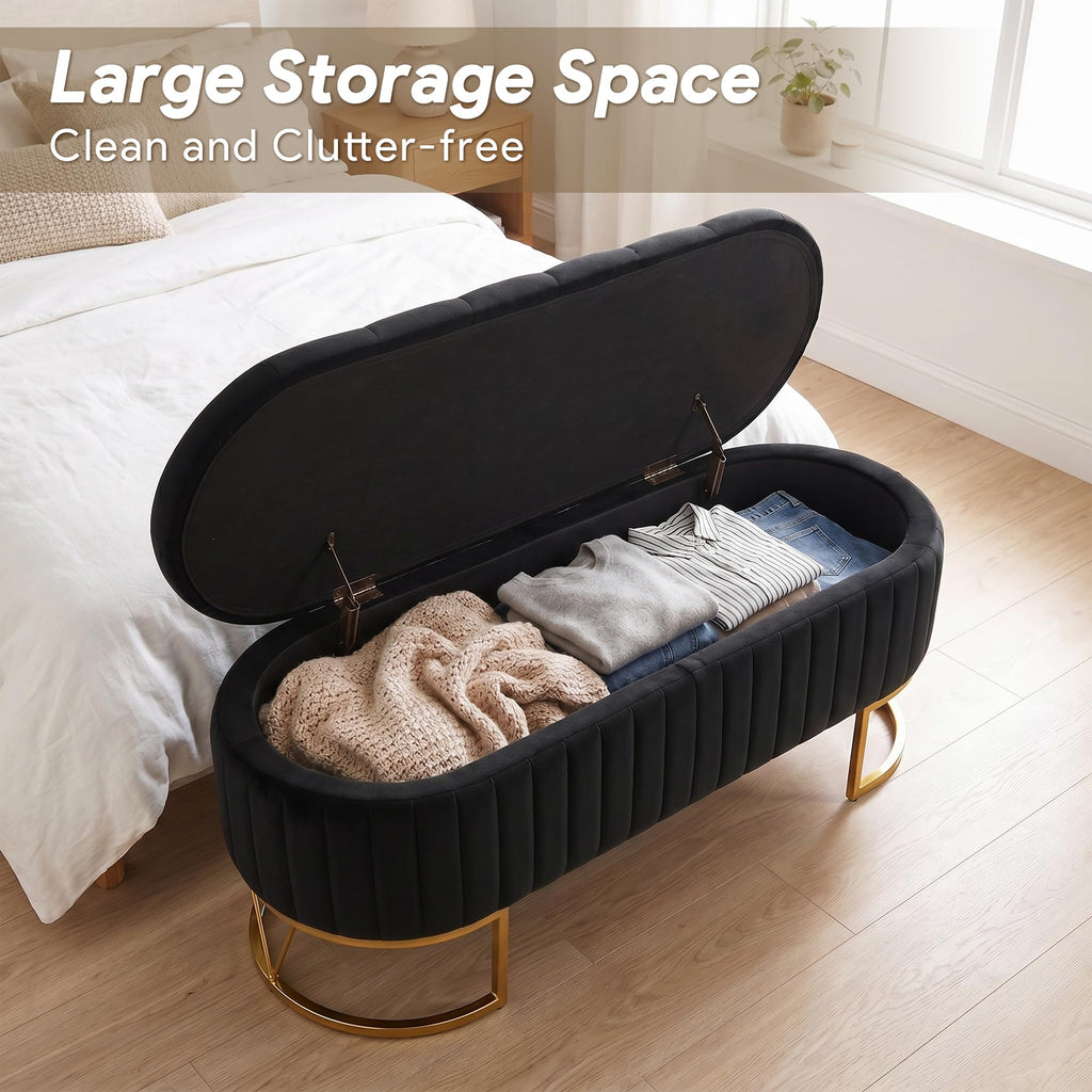 Black Velvet Upholstered Storage Bench S481134