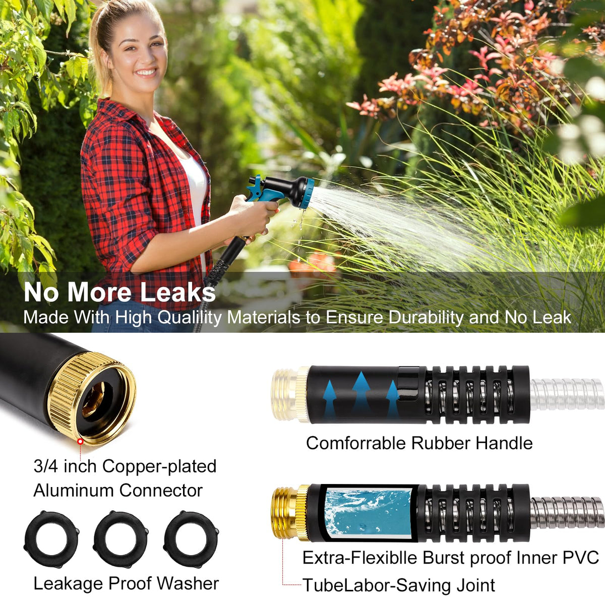 Metal Garden Hose 100 ft x 5/8 in Stainless Steel Non Expandable Kink Resistant L44244