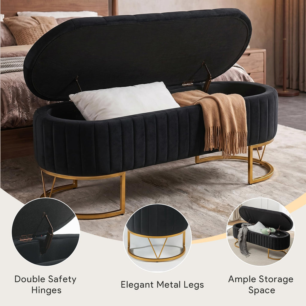Black Velvet Upholstered Storage Bench S481134