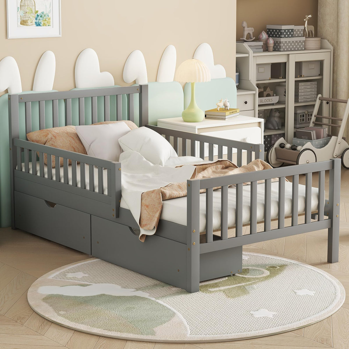 Gray Twin Size Wood Bed Frame with Storage Drawers X950112