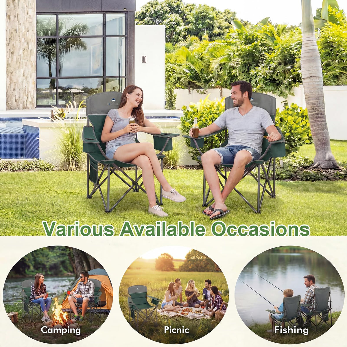 Oversized 2 Pack Heavy Duty Padded Camping Chair with Cooler Bag R540392