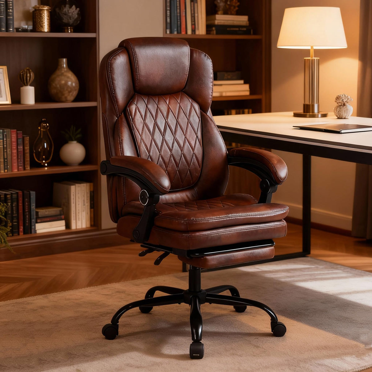 Big and Tall Brown PU Leather Reclining Office Chair with Foot Rest M115408