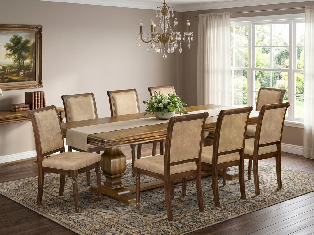 9 Piece Dining Table Set with 8 Beige Fabric Chairs N2361