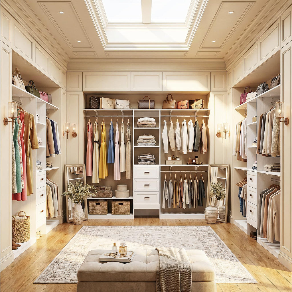 8FT White Wooden Closet System with 3 Drawers and 3 Hanging Rods I7596