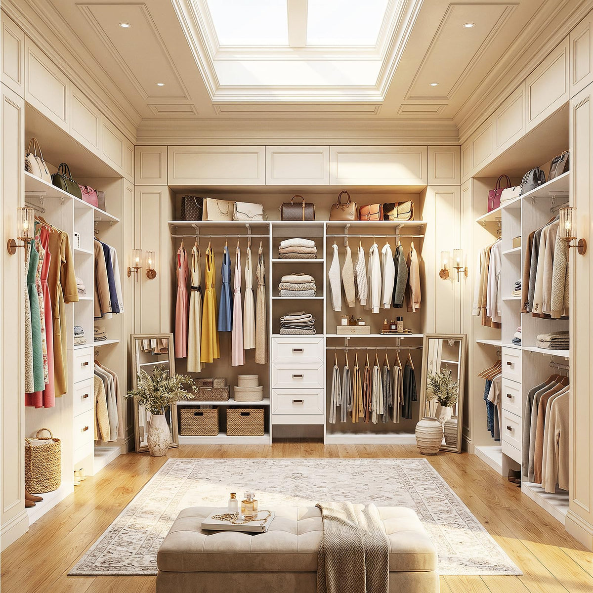 8FT White Wooden Closet System with 3 Drawers and 3 Hanging Rods I7596