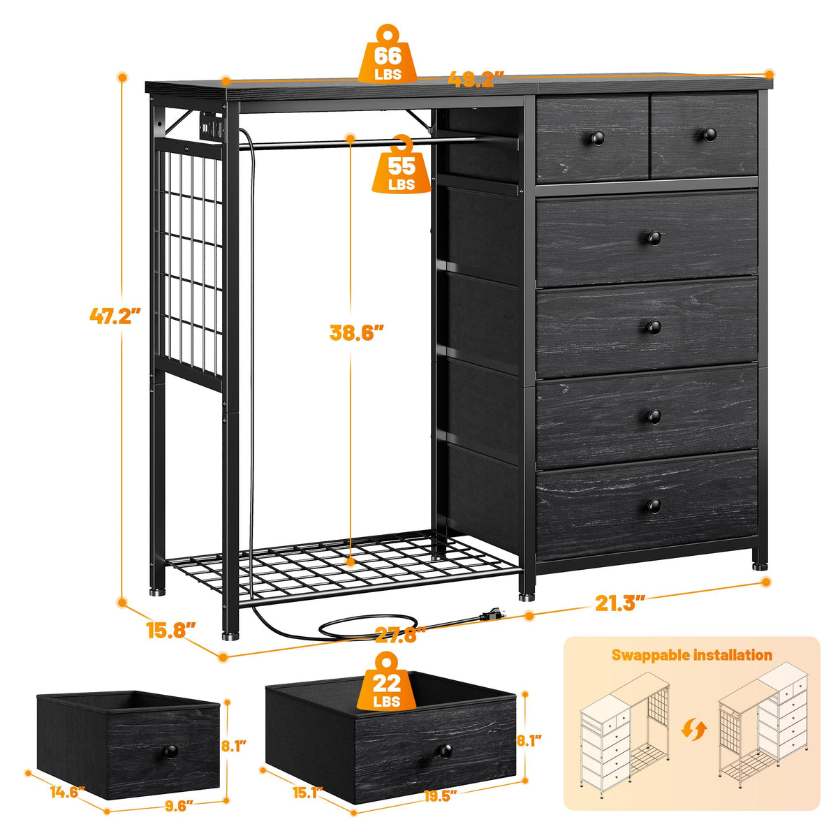 49.2" W Dresser with Hanging Rack & 6 Drawers U6833