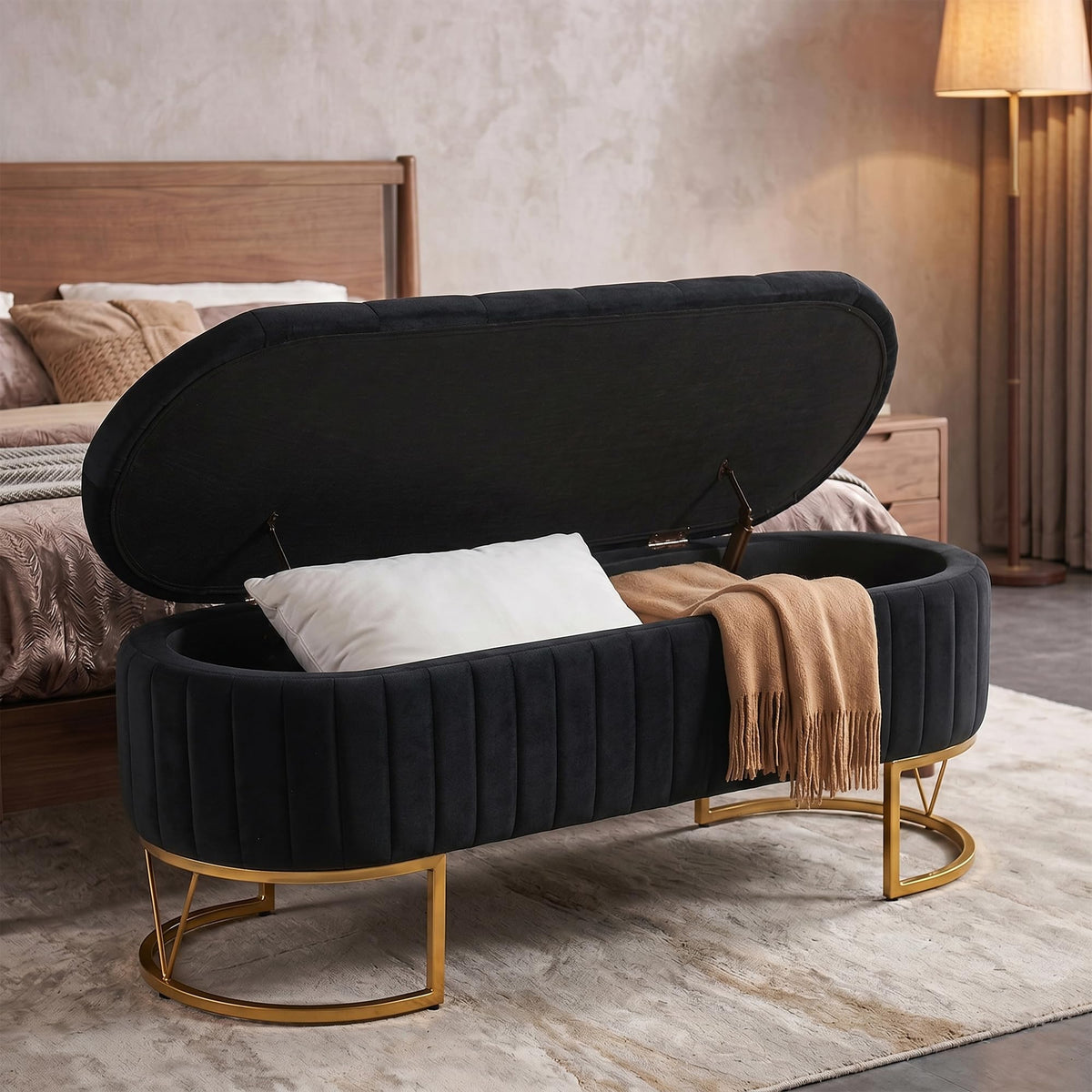 Black Velvet Upholstered Storage Bench S481134