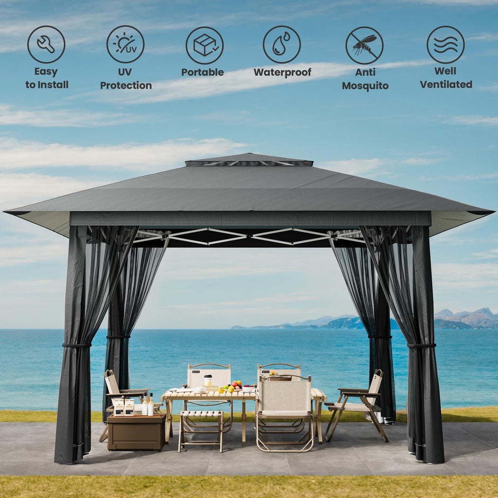 13x13 Pop Up Gazebo Tent with Mosquito Netting Grey D951