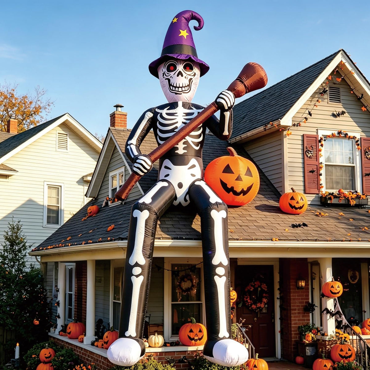 12 FT Halloween Inflatable Skeleton Wizard with Broom & Pumpkin K231893